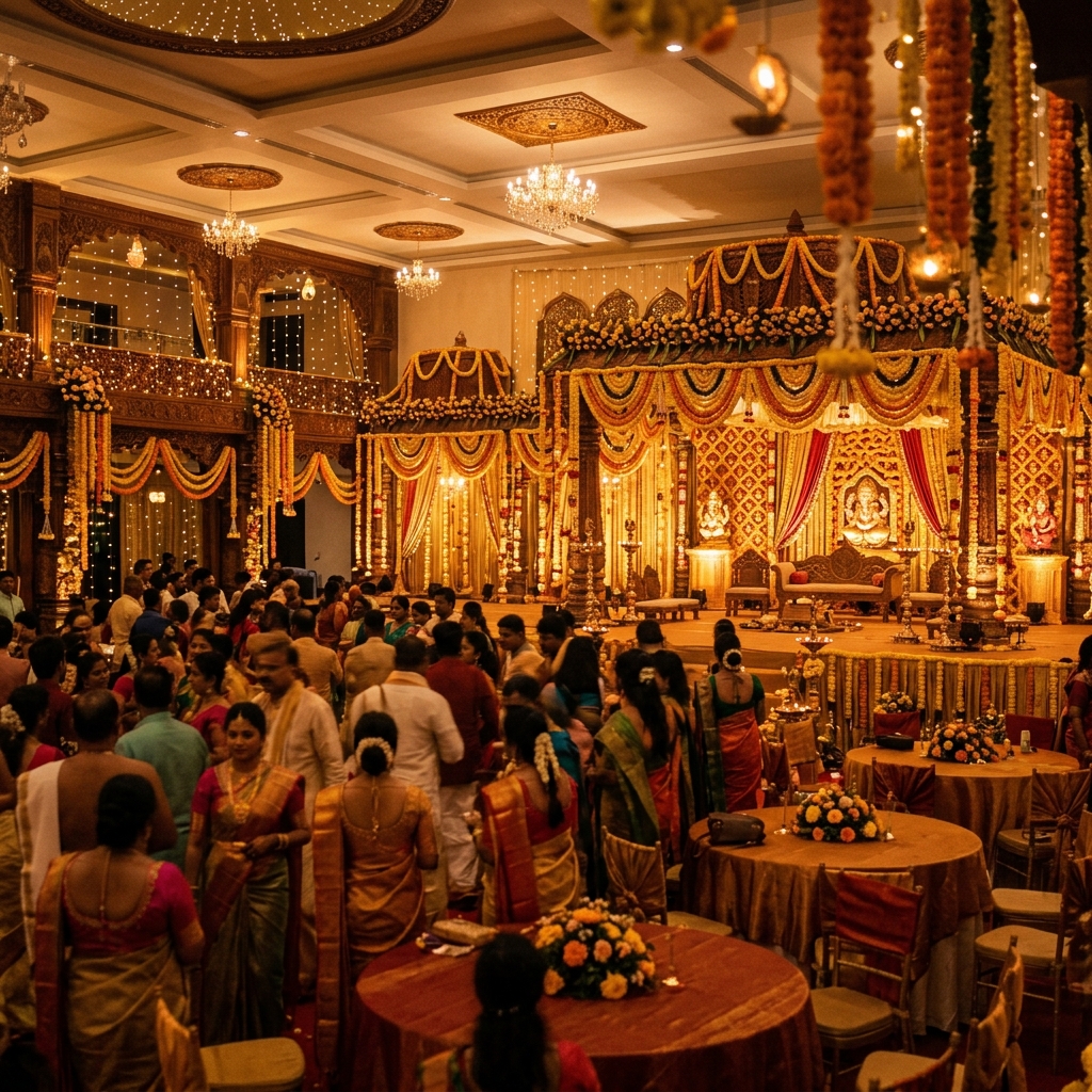 Rich traditional South Indian ceremony with marigolds