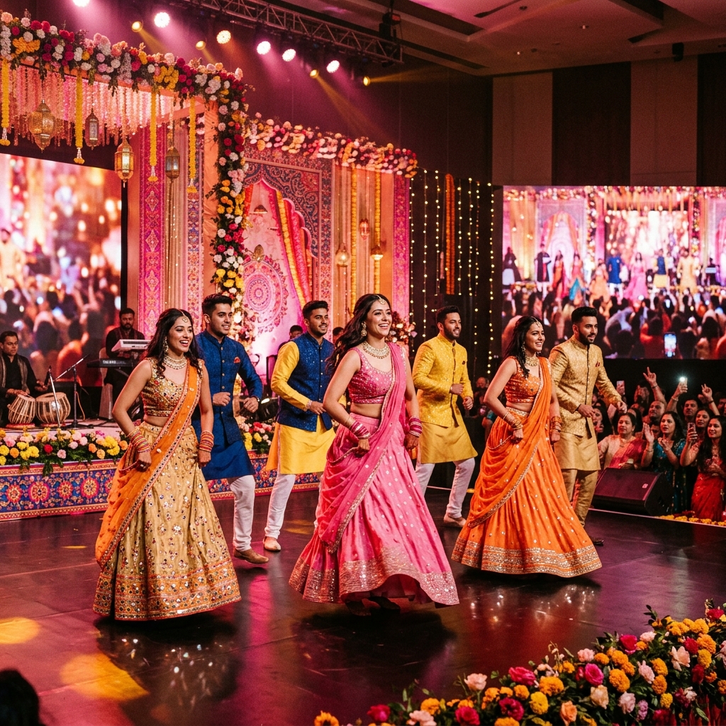 Vibrant Sangeeth stage performance with warm lighting